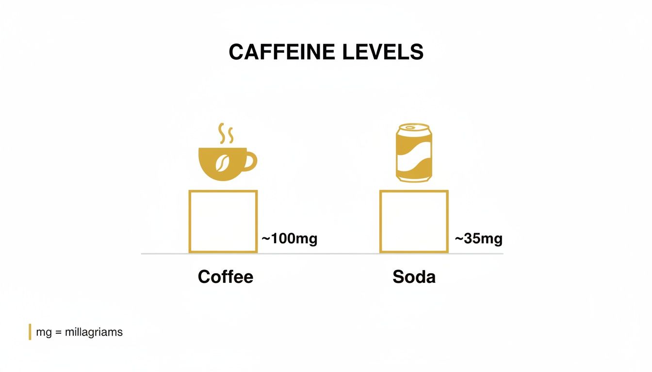 A visual comparison of caffeine levels: coffee contains approximately 100mg, while soda contains approximately 35mg.