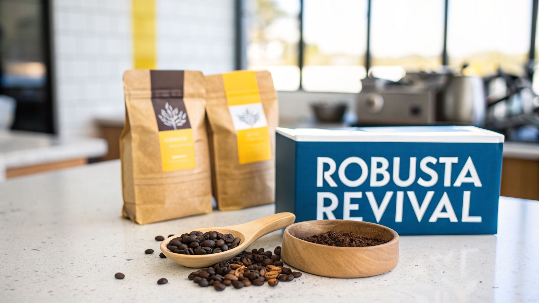 Two branded coffee bags, a wooden spoon with whole beans, and a bowl of ground coffee next to a 'Robusta Revival' box.