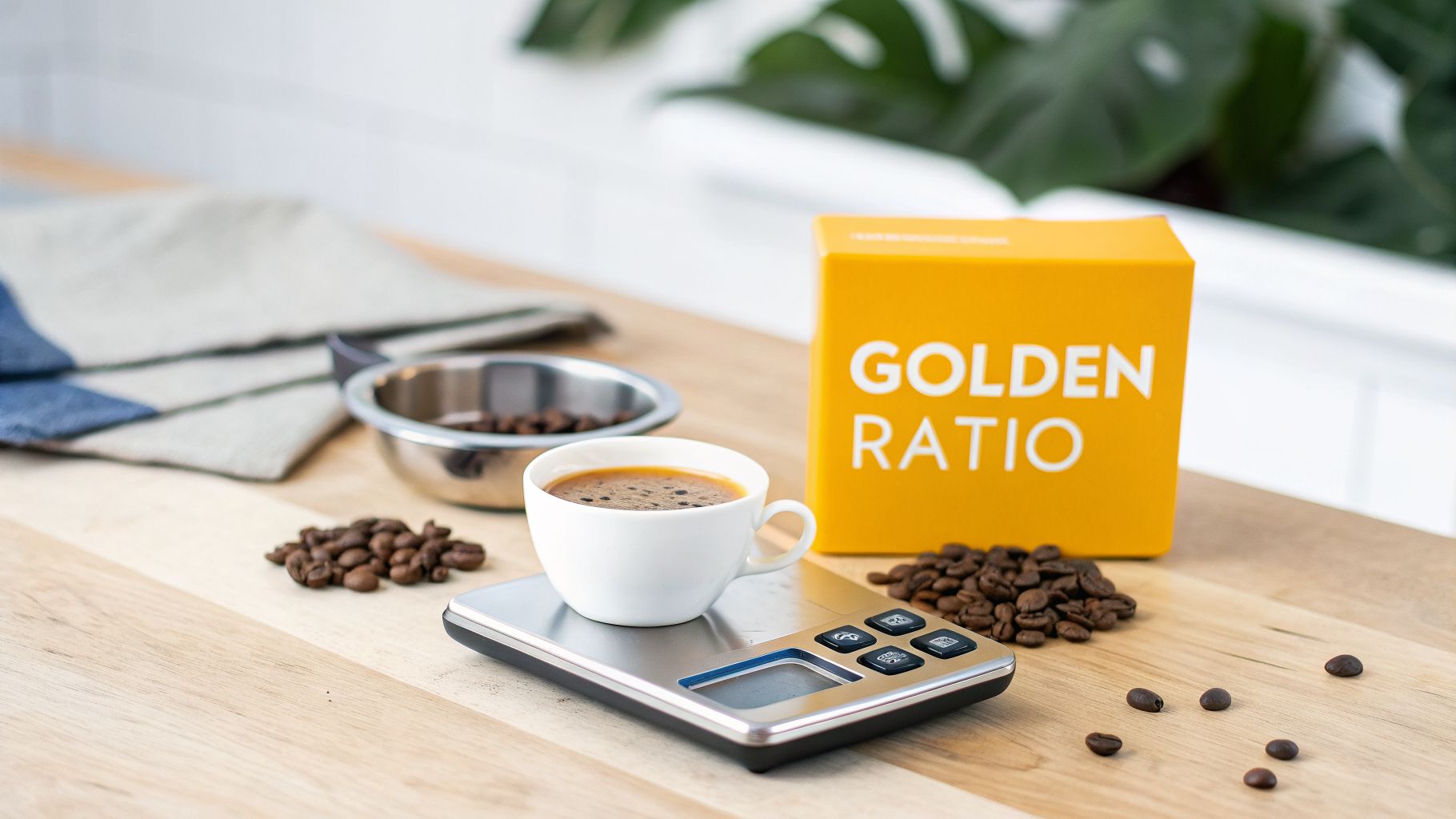 A white cup of coffee on a digital scale, surrounded by roasted coffee beans and a 'GOLDEN RATIO' box.