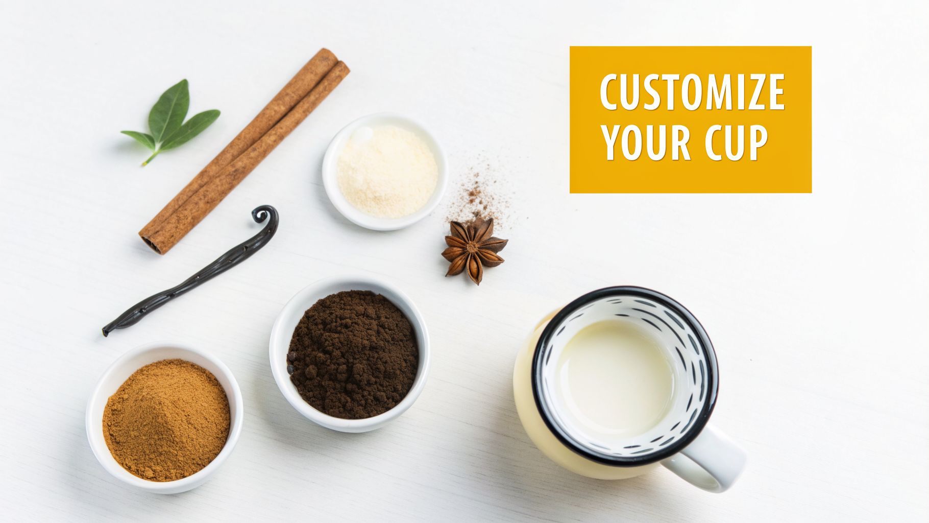 Overhead view of various coffee ingredients: cinnamon sticks, vanilla bean, star anise, powders, and a mug of milk.