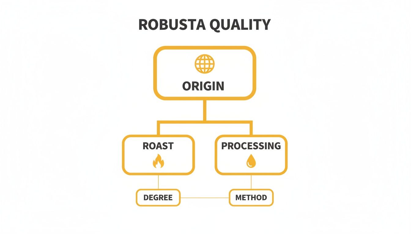 Flowchart illustrating factors influencing Robusta coffee quality: origin, roast, processing, degree, and method.