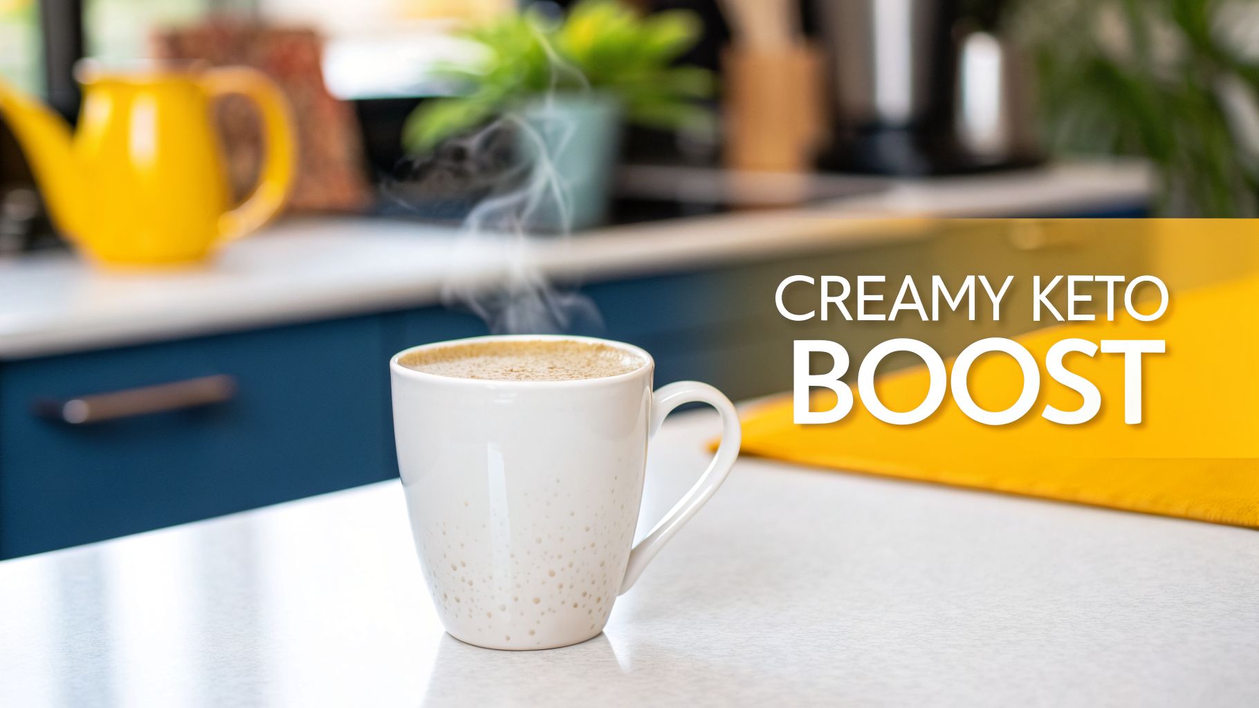 A steaming white mug of creamy keto coffee on a counter with a yellow teapot in the background.