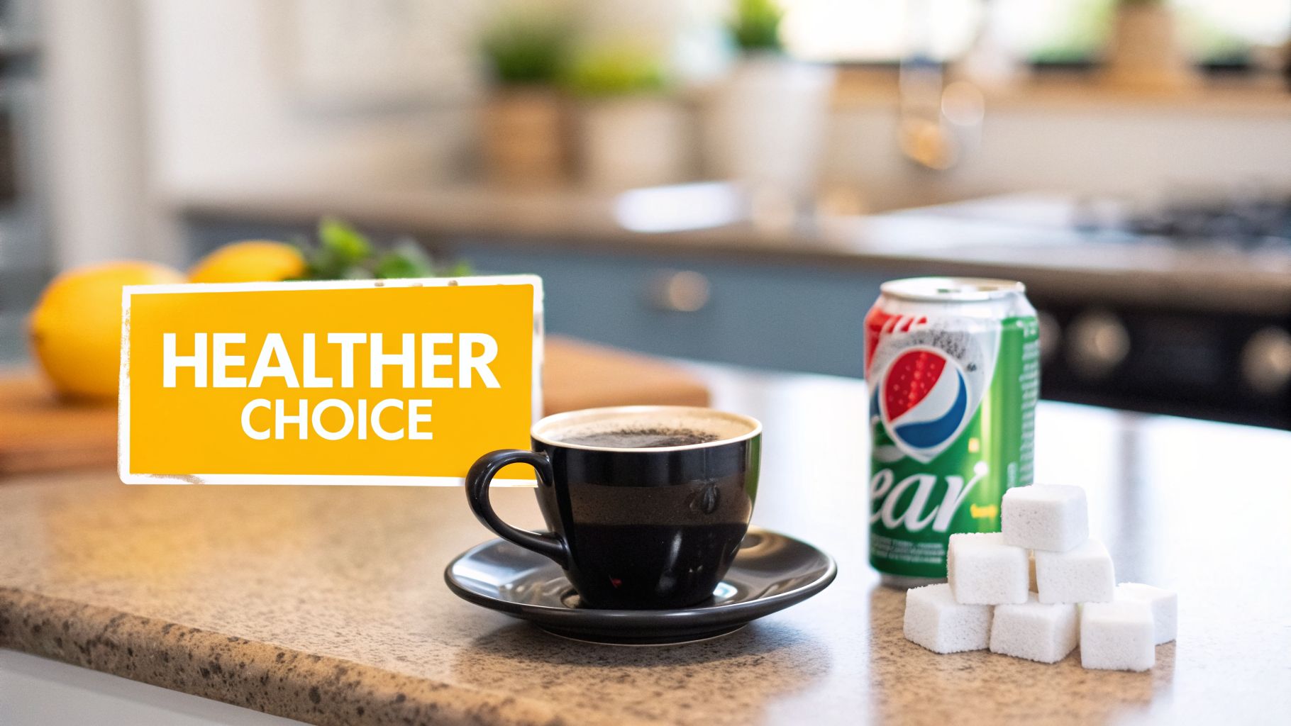 A 'HEALTHIER CHOICE' sign indicating coffee over soda and sugar cubes on a kitchen counter.