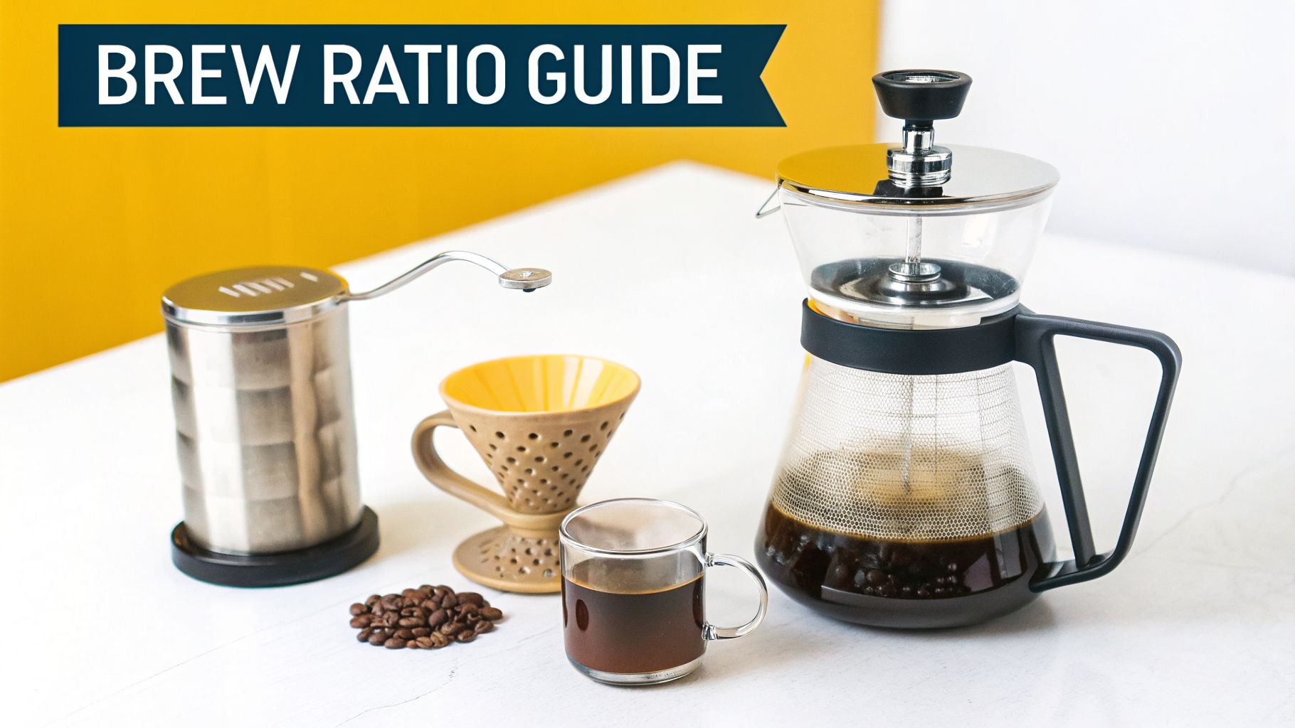 Various coffee brewing tools, a mug of coffee, and beans with a 'Brew Ratio Guide' banner.